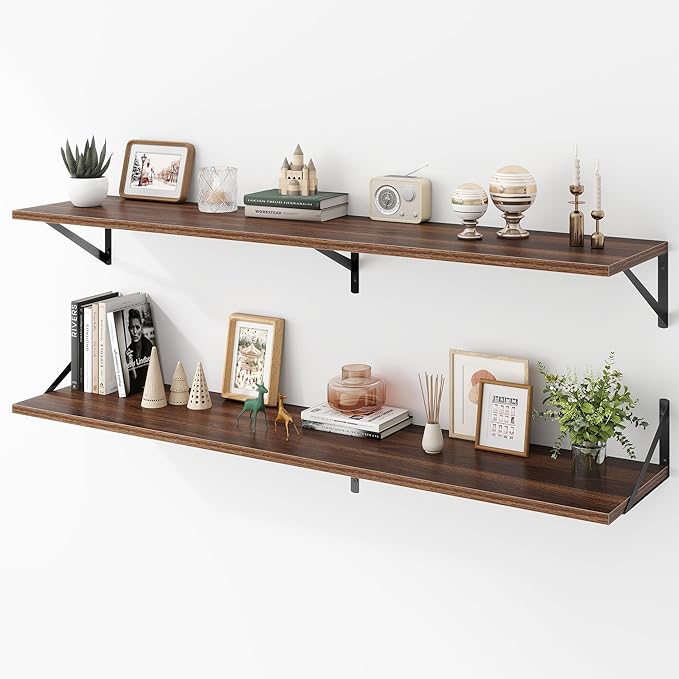 Acovy Deep Floating Shelves Wall Mounted, 55"x12" Walnut Wall Shelves with Brackets Set of 2 for Bedroom, Living Room, Bathroom, Kitchen, Office - Storage & Display Shelf for Decor, Books, Plants