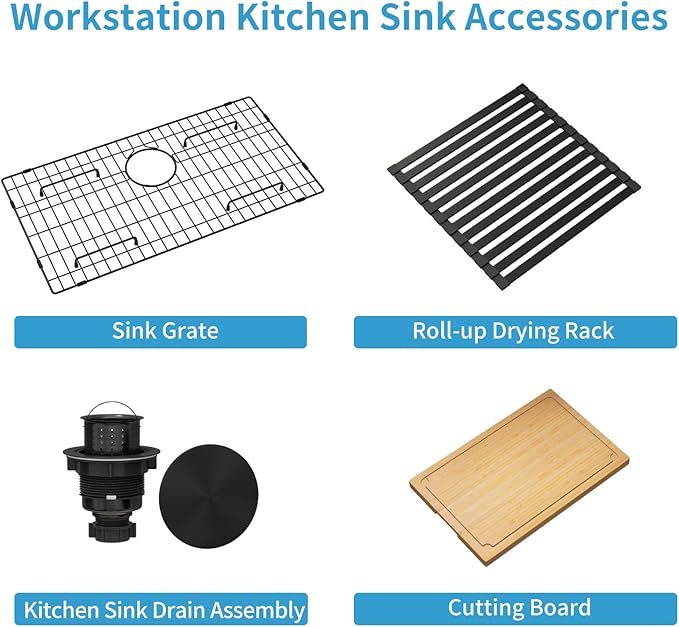 LQS 30 Inch Kitchen Sink, Black Undermount Kitchen Sink, Large Deep Black Workstation Single Bowl Sinks, 16 Gauage T304 Stainless Steel Material, Smart Workstation Ledge With Pratical Accessories