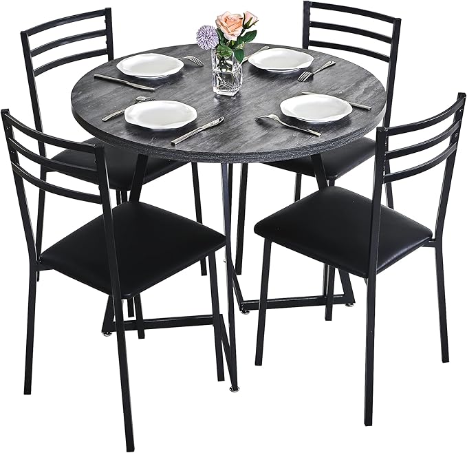 VECELO Round Dining Table Set for 4, Wood Tabletop & Heavy-Duty Steel Frame, 7-Piece Dinette with Chairs for Kitchen, Breakfast Nook, Dark Grey & Black