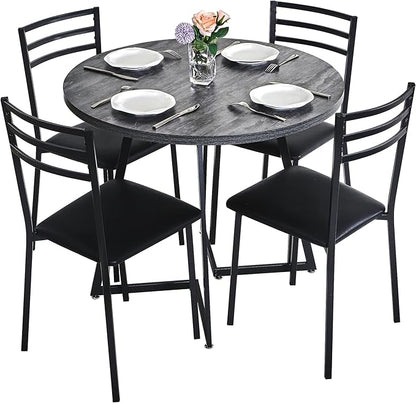 VECELO Round Dining Table Set for 4, Wood Tabletop & Heavy-Duty Steel Frame, 7-Piece Dinette with Chairs for Kitchen, Breakfast Nook, Dark Grey & Black