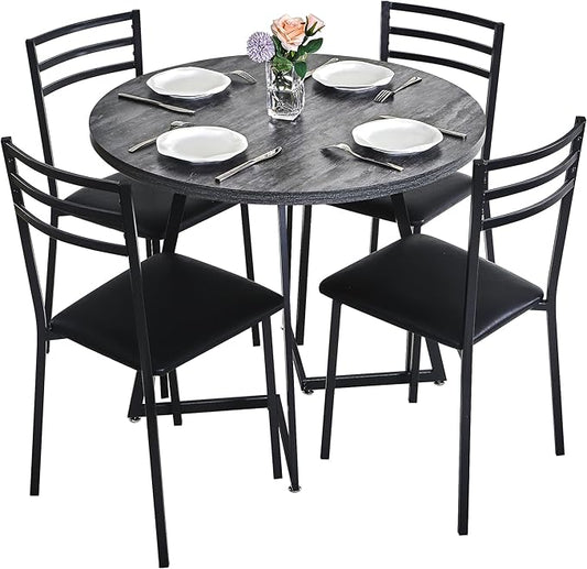 VECELO Round Dining Table Set for 4, Wood Tabletop & Heavy-Duty Steel Frame, 7-Piece Dinette with Chairs for Kitchen, Breakfast Nook, Dark Grey & Black