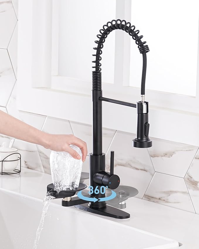 Kitchen Sink Fuacet with Glass Rinser, Single Handle Kitchen Faucet with Pull Down Sparyer, 304 Stainless Steel, Deck Plate, Matte Black