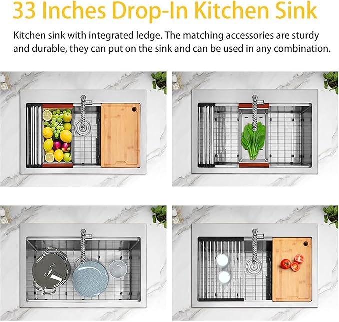 Drop In Kitchen Sink 33" x 22",16 Gauge T-304S Stainless Steel Workstation Sinks with Accessories, 33" x 22" x 10" Large and Deep Top Mount Single Bowl Kitchens Sink for Home,Outdoor