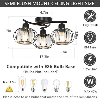 PAUFUL 3-Light Crystal Semi Flush Mount Ceiling Light,Black Modern Close to Ceiling Light Fixtures,Kitchen Light Fixtures with Clear Crystal Shade,Hallway Light Fixtures for Hallway Bedroom Bathroom
