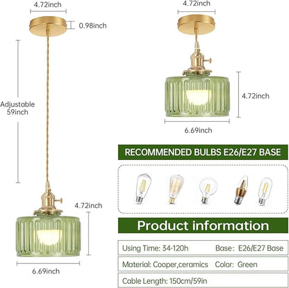 Shenmoyl Battery Operated Pendant Light 5000mAh Rechargeable Chandelier with Remote Control Wireless Adjustable Hanging Green Striped Light for Kitchen Island Dining Room Hallway