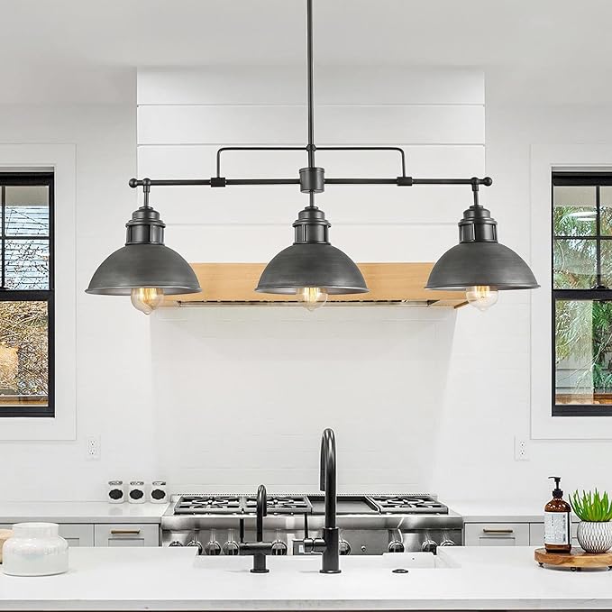LOG BARN Chandeliers for Dining Room, 3 Light Industrial Kitchen Island Lighting, 35.7'' Farmhouse Pool Table Hanging Light Fixture, Black and Brushed Antique Silver Finish