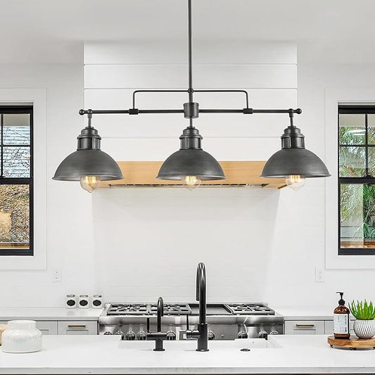 LOG BARN Chandeliers for Dining Room, 3 Light Industrial Kitchen Island Lighting, 35.7'' Farmhouse Pool Table Hanging Light Fixture, Black and Brushed Antique Silver Finish