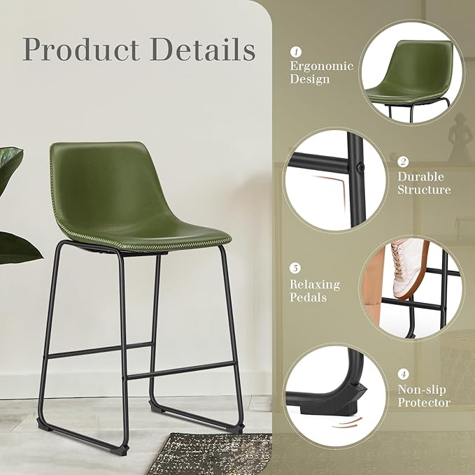 DUMOS 26 Inch Counter Height Bar Stools Set of 2, Modern Faux Leather High Barstools with Back and Metal Leg, Bar Chairs for Kitchen Island, Green