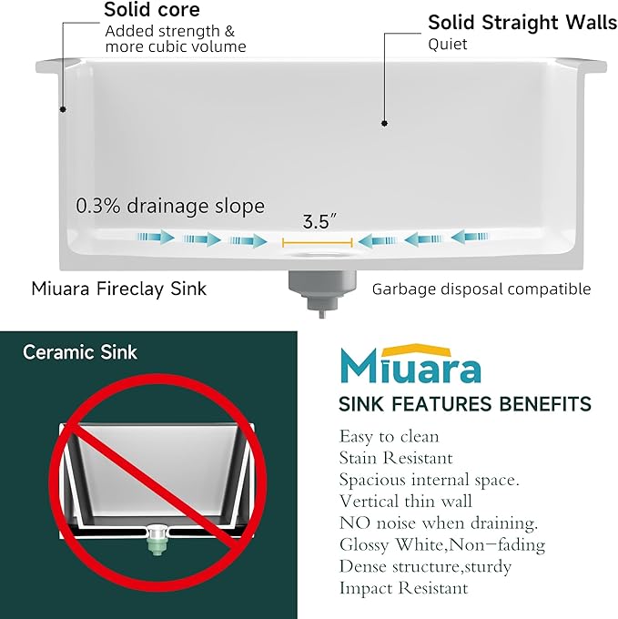 Miuara White Undermount Kitchen Sink 27 Inch - Topmount Fireclay Drop In Sink 27"x19"x10", Dual Mount Heavy Duty Deep Single Bowl, w 2 Accessories, Glossy White, for Kitchen & Laundry & Small Space