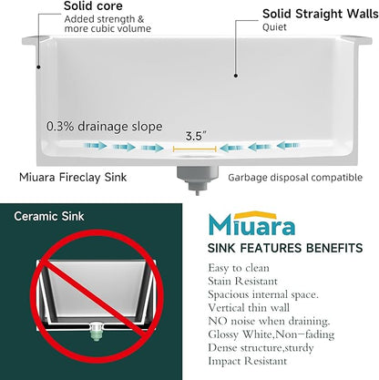 Miuara White Undermount Kitchen Sink 27 Inch - Topmount Fireclay Drop In Sink 27"x19"x10", Dual Mount Heavy Duty Deep Single Bowl, w 2 Accessories, Glossy White, for Kitchen & Laundry & Small Space