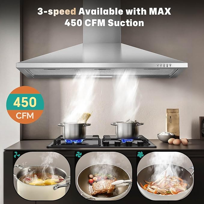 SNDOAS 36 Inch Range Hood, 450CFM Wall Mount Stainless Steel Kitchen Vent Hood - 3-Speed Exhaust Fan, Ducted/Ductless Convertible, Chimney-Style Stove Hood, LED Light & Push Button Control