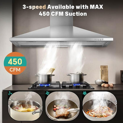 SNDOAS 36 Inch Range Hood, 450CFM Wall Mount Stainless Steel Kitchen Vent Hood - 3-Speed Exhaust Fan, Ducted/Ductless Convertible, Chimney-Style Stove Hood, LED Light & Push Button Control