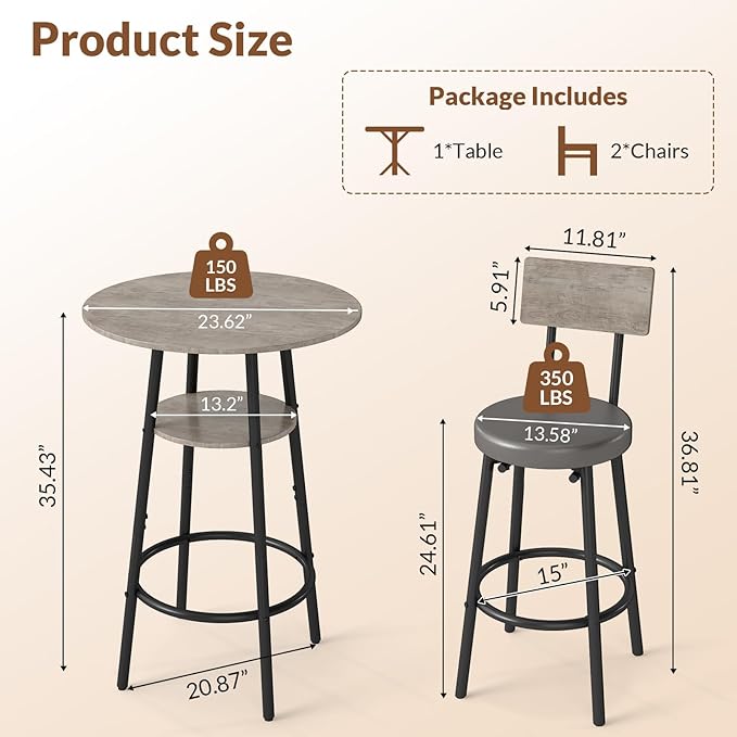 Zevemomo 3 Pieces Round Bar Table and Chairs Set, Small Dining Table for 2, Kitchen Bar Table, Breakfast Table with Storage, 2 Thickened Cushion Stools with Backrest for Dining Room & Bistro-Grey