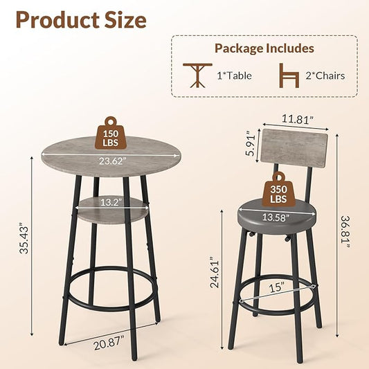 Zevemomo 3 Pieces Round Bar Table and Chairs Set, Small Dining Table for 2, Kitchen Bar Table, Breakfast Table with Storage, 2 Thickened Cushion Stools with Backrest for Dining Room & Bistro-Grey