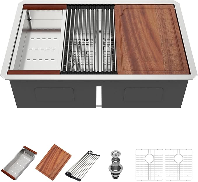 30 Undermount Kitchen Sink - 30x19 Double Bowl Kitchen Sinks Workstation 16 Gauge Stainless Steel Sink Low Divide Double Basin 50/50