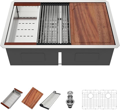 30 Undermount Kitchen Sink - 30x19 Double Bowl Kitchen Sinks Workstation 16 Gauge Stainless Steel Sink Low Divide Double Basin 50/50