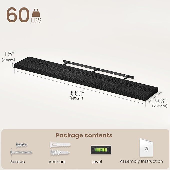 Vivelove 55 Inch Floating Shelves, Deep Wall Shelves with Invisible Brackets, Display Shlf for Bathroom Living Room Kitchen Bedroom Office Farmhouse Home Decor, 55" X 9.3" X 1.5" - Set of 2, Black