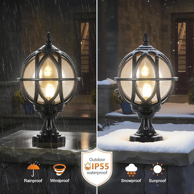 Outdoor Post Light Fixture, E26 Base 60W Max Column Lights with Black Aluminum Housing Plus Amber Glass IP55 Waterproof Exterior Pillar Lantern for Driveway Yard Lawn Patio Garden