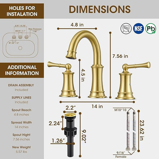 Sink Bathroom Fauce Solid Brass, Complete with Pop-Up Drain Assembly and cUPC Supply Lines for Widespread Vanity, Lavatory, and RV Sinks