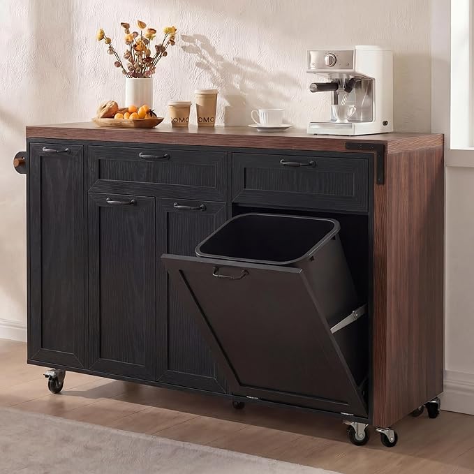 Kitchen Island with Extendable Dining Table, Rolling Kitchen Cart with Drawers and Trash Storage Cabinet, Island Mobile Dining Table on Wheels with 3-Tier Pull-Out Spice Rack for Small Space Black