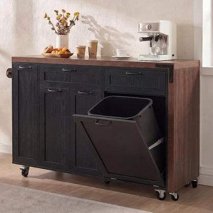 Kitchen Island with Extendable Dining Table, Rolling Kitchen Cart with Drawers and Trash Storage Cabinet, Island Mobile Dining Table on Wheels with 3-Tier Pull-Out Spice Rack for Small Space Black