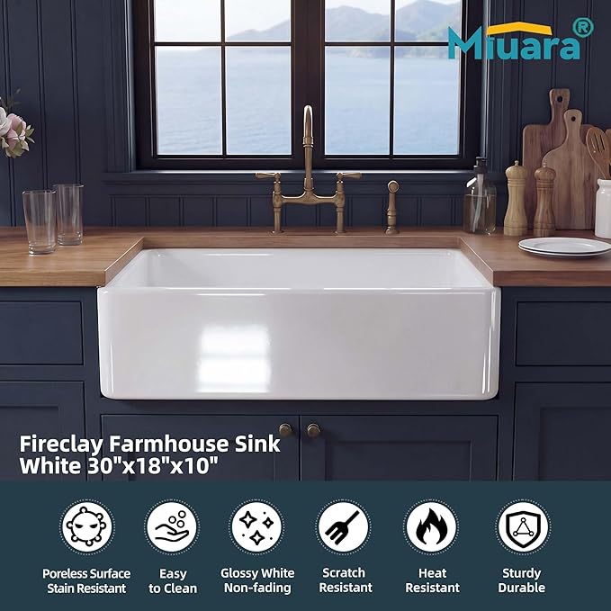 Miuara Farmhouse Sink 30 Inch - White Apron Front Undermount Kitchen Sink Reversible 30"x18"x10", Farm House Style Single Bowl, Heavy Duty Solid Fireclay, Glossy White, for Kitchen