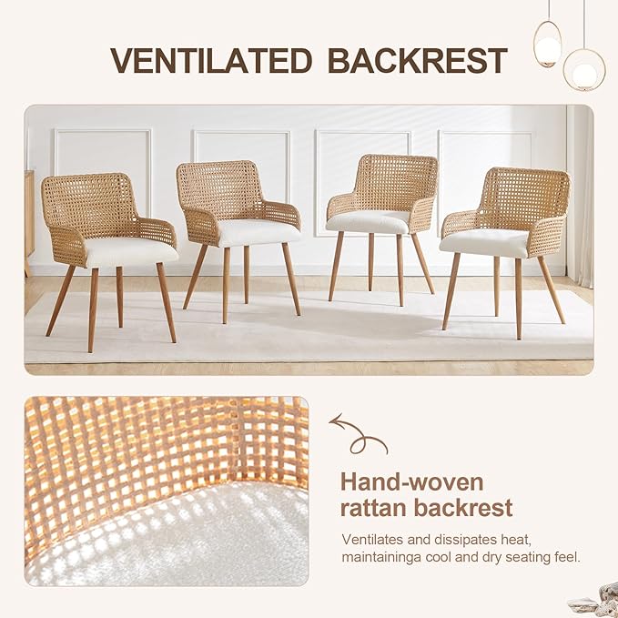 Rattan Dining Chairs Set of 2,Upholstered Modern Dining Room Chairs with Boucle Cushion,PE Cane Back Kitchen Chair with Arm for Farmhouse, Kitchen,Restaurant