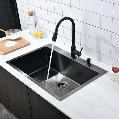 VAPSINT 28 Inch Black Drop In Kitchen Sink, 28x18 Inch Top Mount 16 Gauge Comemercial Stainless Steel Gunmetal Black Handmade Single Bowl Sink for Kitchen with Drain Strainer & Grid