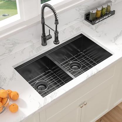 Sarlai 33 Inch Black Undermount Kitchen Sink Double Bowl 33 x 19 Inch Low Divided Gunmetal Black Workstation Double Kitchen Sink Stainless Steel 16 Gauge 50/50 Sinks Basin