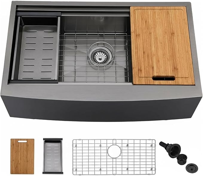 KINGO HOME 33 inch Black Farmhouse Sink, 16 Gauge Double Ledges Stainless Steel Farmhouse Kitchen Workstation Sink, All In One Apron Front Deep Single Bowl Kitchen Farm Sytle Farmer Sinks 33"x20"x9