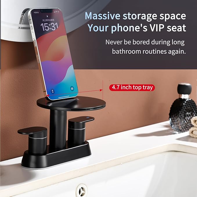 Bathroom Sink Faucet 3 Hole，Matte Black Waterfall Bathroom Faucet 4 Inch Centerset with Pop-Up Drain，2 Handles Stainless Steel faucets with Round Shelf for Vanity Sink, Rv