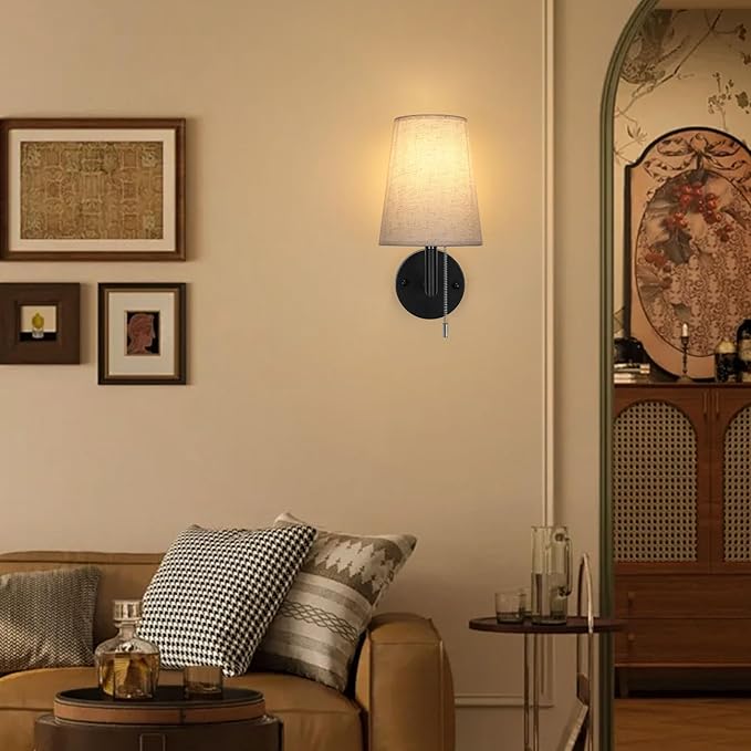 Lightess Pull Chain Light Fixture Wall, Indoor Wall Sconces Set of 2, Vintage Wall Lamps with White Fabric Shade for Bedroom Living Room Corridor