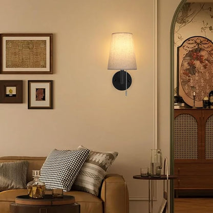 Lightess Pull Chain Light Fixture Wall, Indoor Wall Sconces Set of 2, Vintage Wall Lamps with White Fabric Shade for Bedroom Living Room Corridor