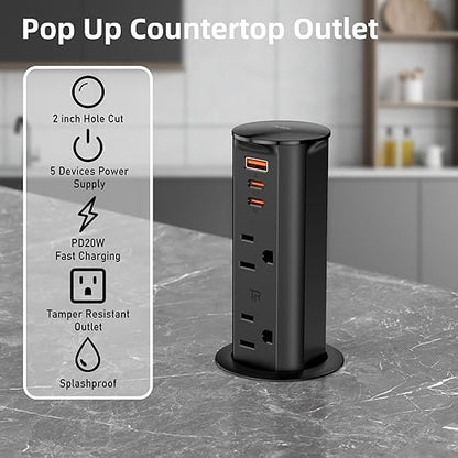 ANNQUAN 2 inch Pop Up Outlet for Countertop with 20W USB Ports,2 Outlets Tamper Resistant,Splashproof Pop Up Socket,Desk Power Grommet for Home Office Kitchen 3FT Cord (ETL Listed)