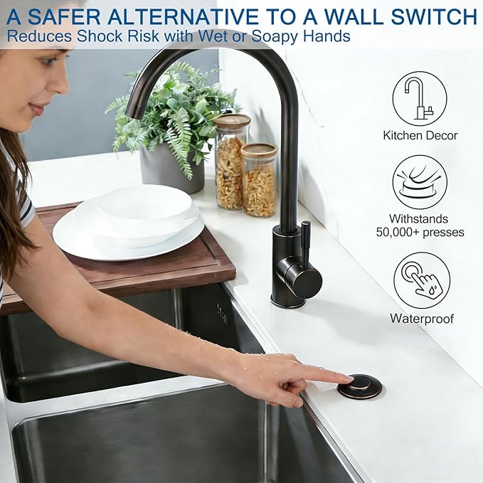 BESTILL Sink Top Garbage Disposal Air Switch Kit - Professional, UL Listed Single Outlet Long Push Button with Brass Cap, Oil Rubbed Bronze/ORB