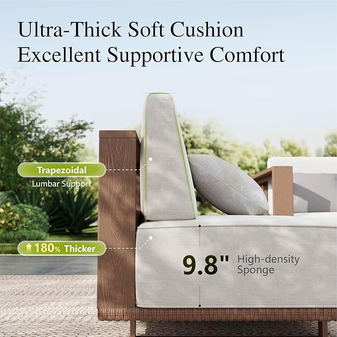 Sophia & William HDPE Patio Furniture Set，Modern Outdoor Sectional Sofa Set with 9.8" Cushions and 43.5" Wood Grain Coffee Table, Deep Seating Outdoor Conversation Set for Backyard(Beige, 5 Pieces)