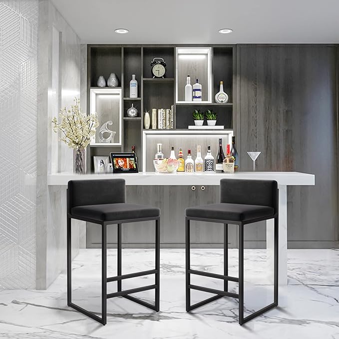 Velvet Stools with Low Back Mid-Century Upholstered Armless Chairs for Kitchen Island Home Pub Grey + Gold Sitting Height 65cm (Black + Black 25.6in)