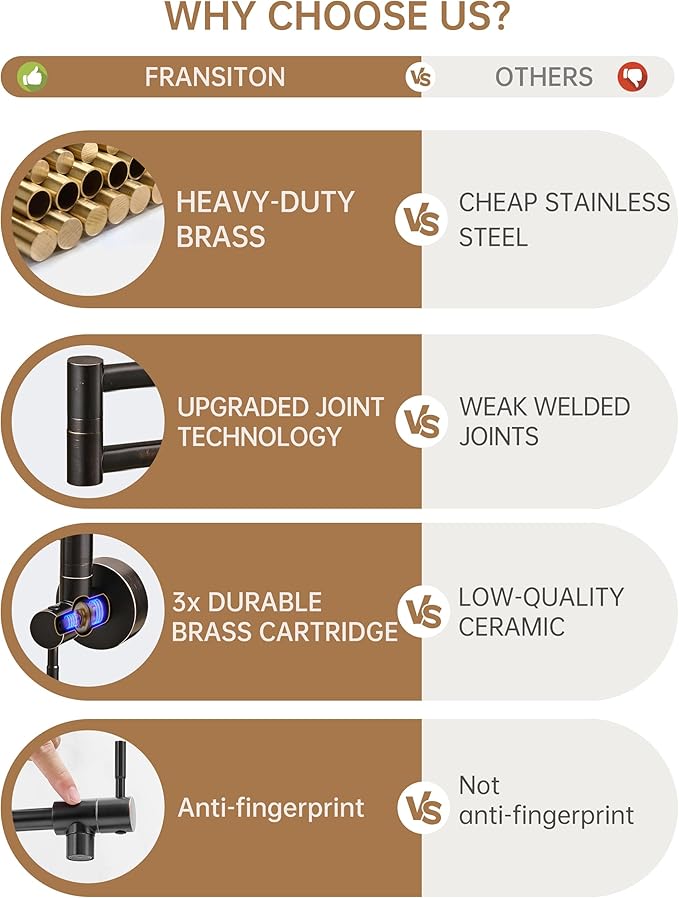 Fransiton Pot Filler, Oil-Rubbed Bronze Pot Filler Faucet Wall Mount, Brass Folding Stretchable with Double Joint Swing Arm Single Hole Two Handles Over Stove Kitchen Restaurant
