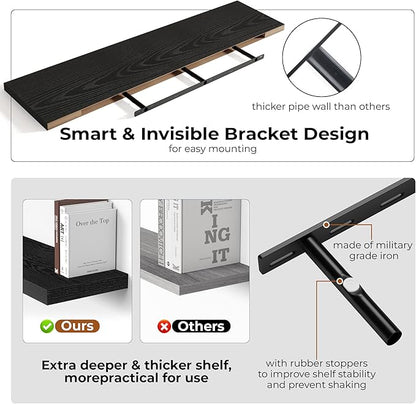 Fun Memories 55 Inch Floating Shelves for Wall, Fireplace Mantel Shelf with Invisible Heavy Duty Bracket, 8 Inch Deep Storage Shelf for Living Room, Kitchen, Farmhouse, Black