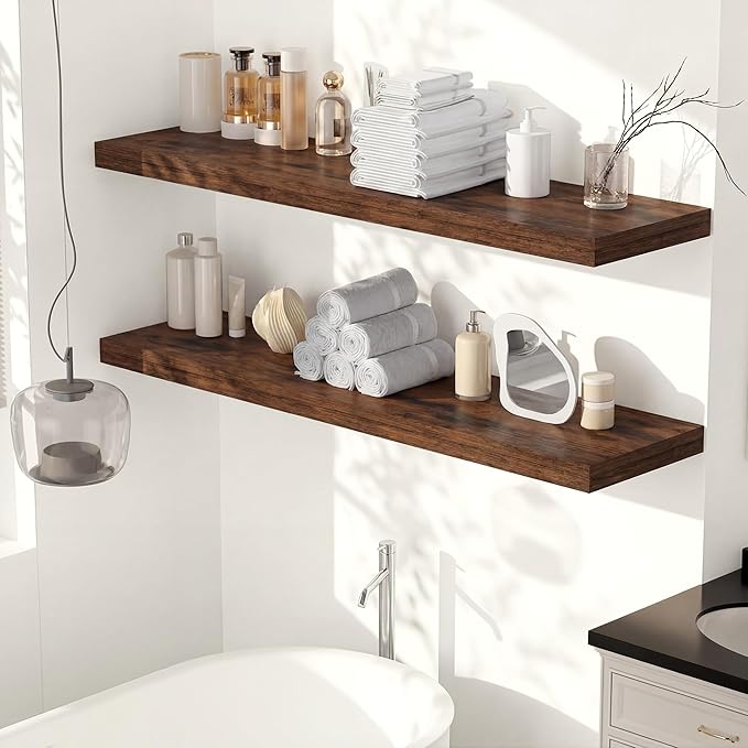 Heimlove 24 x 12 Inch Deep Floating Shelves Wall Mounted with Invisible Brackets,Storage Hanging Shelf for Wall Decor in Bathroom, Bedroom, Kitchen, Living Room, Office Set of 1 (Rustic Brown)