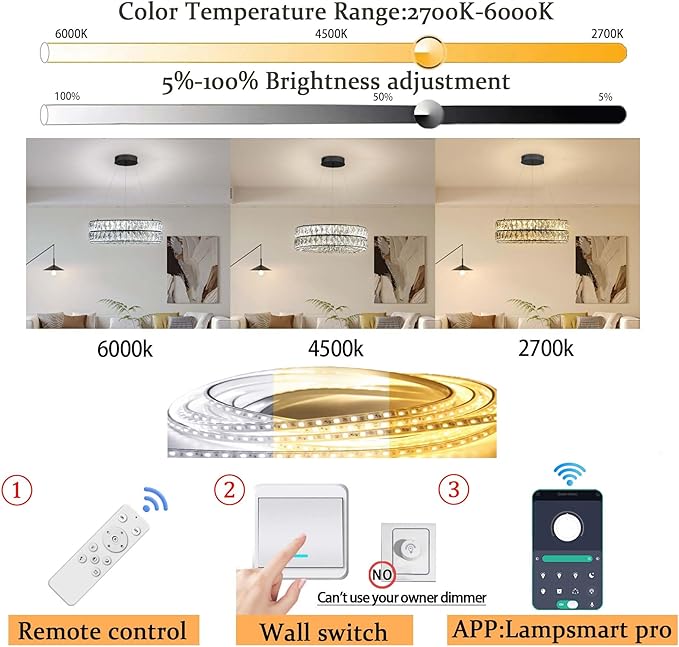 Modern Dimmable Led Crystal Ring Chandelier Adjustable Ring Pendant Light for Living Room Dining Room 15.7inch Black