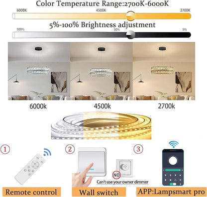 Modern Dimmable Led Crystal Ring Chandelier Adjustable Ring Pendant Light for Living Room Dining Room 15.7inch Black