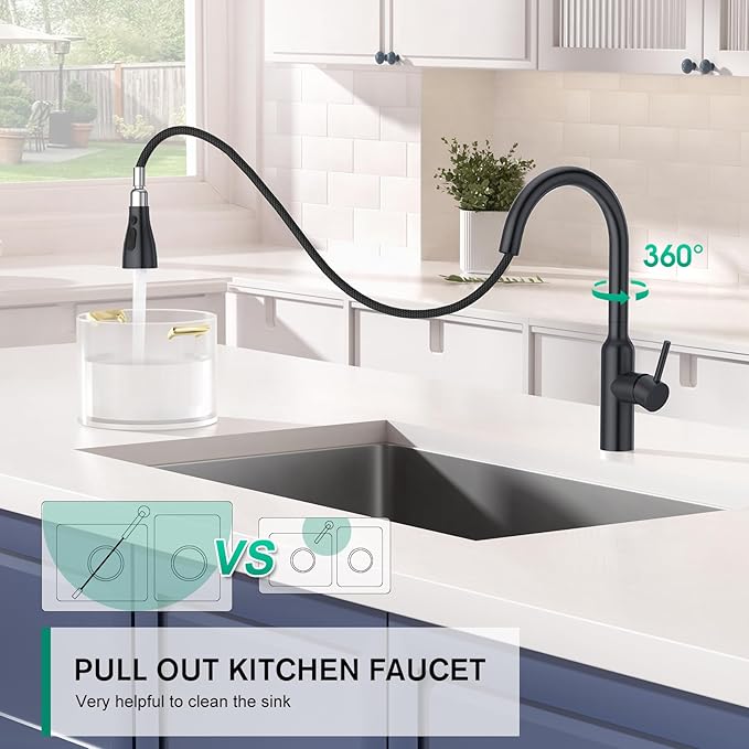 CREA Black Kitchen Faucet, Pull Down Kitchen Faucets with Sprayer 3 Modes, Uitility Laundry Faucets Single Hole Bar Sink Faucet 360° Swivel High Arc Stainless Steel RV Faucet, Matte Black