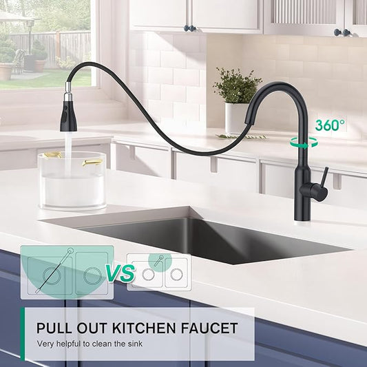 CREA Black Kitchen Faucet, Pull Down Kitchen Faucets with Sprayer 3 Modes, Uitility Laundry Faucets Single Hole Bar Sink Faucet 360° Swivel High Arc Stainless Steel RV Faucet, Matte Black