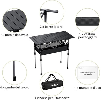 Anbte 3ft Aluminum Roll Top Camping Table Max 27.5", 2 Adjustable Height Folding Camping Table Waterproof with Storage Net and Bag for BBQ Picnic Tailgating Backyard RV Travel, 32.2” x 16”, Pure Black