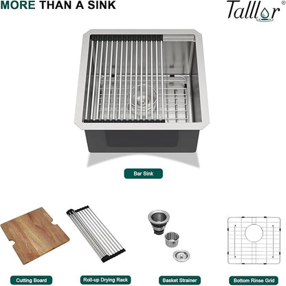 17x17 Undermount Bar Sink - Workstation 16 Gauge 304 Stainless Steel Single Bowl Wet Prep Sink with Cutting Board for Kitchen Bar, RV, and Boat #TLU-0021