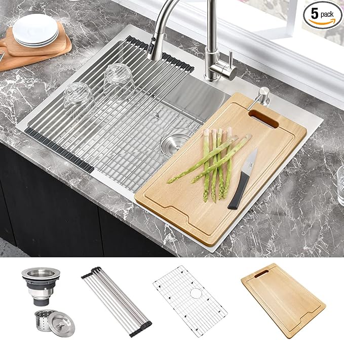 25 Inch Drop In Kitchen Sink-Hovheir 25x20 Top Mount Kitchen Sink Drop In Stainless Sinks 16 Gauge Stainless Steel Single Bowl Deep Sinks Overmount Single Basin with Cutting Board