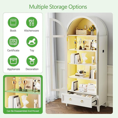 HNEBC Book Shelf with LED Lights, Arched Display Case with Storage Cabinet, Smart File Cabinet with Glass Door, Curio Cabinet with Solid Wood Legs for Home Office/Bedroom Furnniture-White