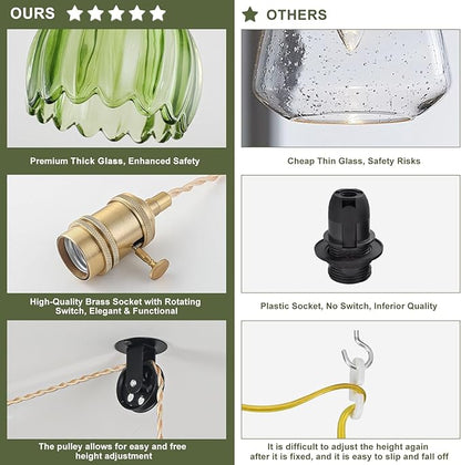 2 Pack Plug in Pendant Light Fixtures, Hanging Light Fixture Vintage Glass Pendant Light, Mini Green Tulip Hanging Lamp, Pendant Lighting for Kitchen Island, Bedroom, Dining Room, Living Room