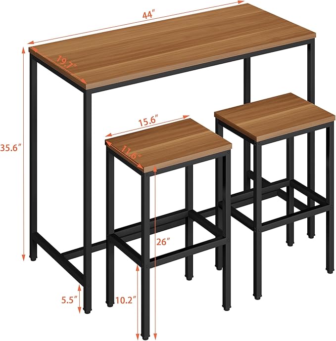 Yongchuang 3 Piece Bar Table Set, Bar Table and Chairs Set of 2, Modern Counter Height Table with 2 Stools for Kitchen, Dining Room, Living Room Breakfast Table Industrial Brown Wood Top